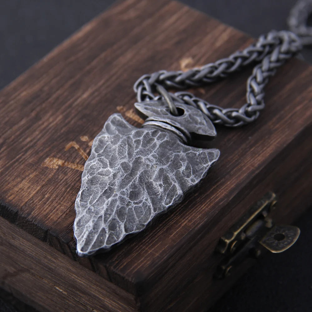 Valknut Viking Spear Stainless Steel Pendant Necklace with Wooden Box