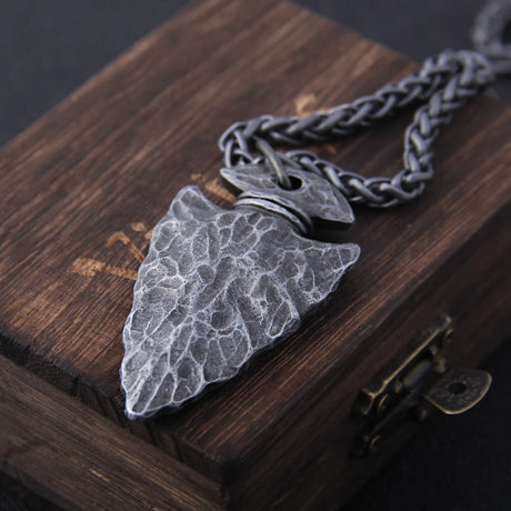 Valknut Viking Spear Stainless Steel Pendant Necklace with Wooden Box