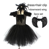 Black Swan Tulle Tutu Dress with Feather Wings and Hair Clip Halloween Costume