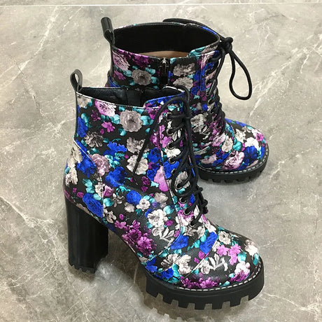 Purple Flower Print Platform Thick Heel Ankle Boots