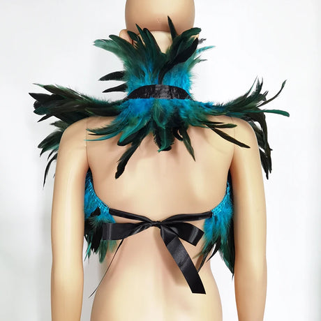 Black Rooster Feather Shrug Gothic Collar with Ribbon Ties