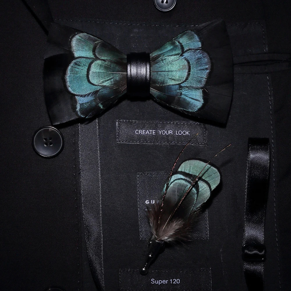 Men's Bow Tie & Pin Set Handmade Natural Feather Gift Box
