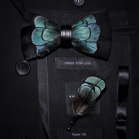 Men's Bow Tie & Pin Set Handmade Natural Feather Gift Box