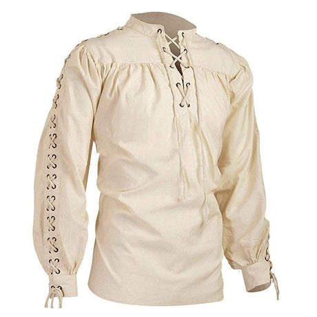 Men Tunic Shirts Viking Pirate Costume Gothic Clothes Drawstring Knight Cosplay Top