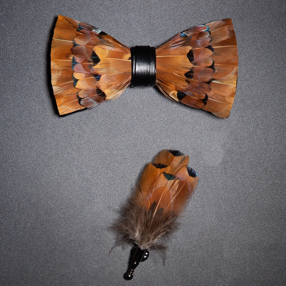Men's Bow Tie & Pin Set Handmade Natural Feather Gift Box