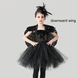 Black Swan Tulle Tutu Dress with Feather Wings and Hair Clip Halloween Costume