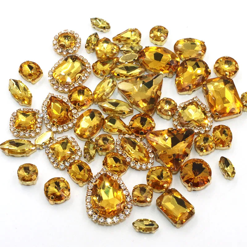 50pcs/Bag Shiny Mixed Shape Sew On Glass Rhinestone Gold Claw Crystal Buckle DIY Decoration 24 Colours
