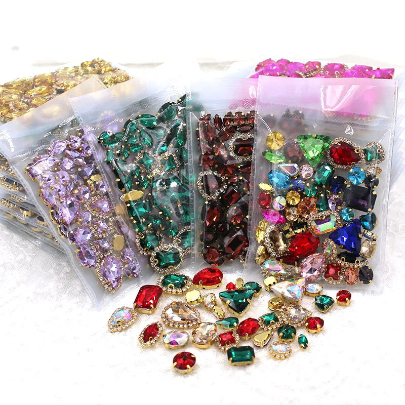 50pcs/Bag Shiny Mixed Shape Sew On Glass Rhinestone Gold Claw Crystal Buckle DIY Decoration 24 Colours