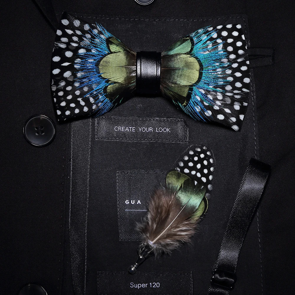Men's Bow Tie & Pin Set Handmade Natural Feather Gift Box