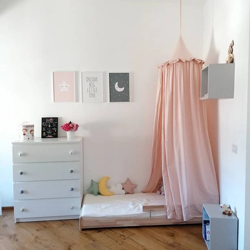 Muslin Cotton Hanging Canopy with Frills Bed Baldachin for Kids Room