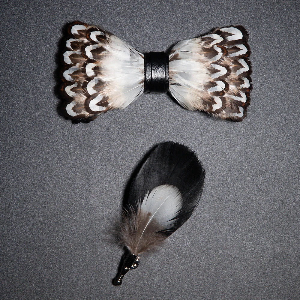 Men's Bow Tie & Pin Set Handmade Natural Feather Gift Box