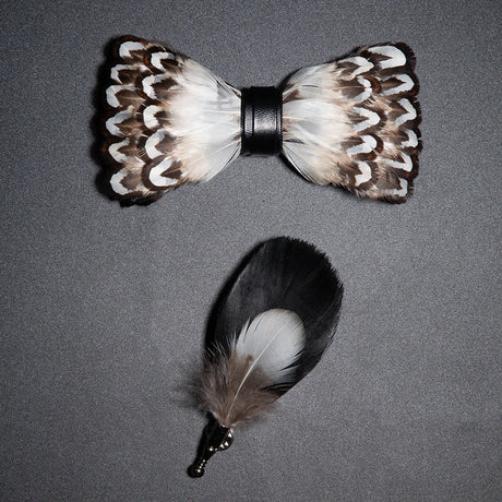 Men's Bow Tie & Pin Set Handmade Natural Feather Gift Box