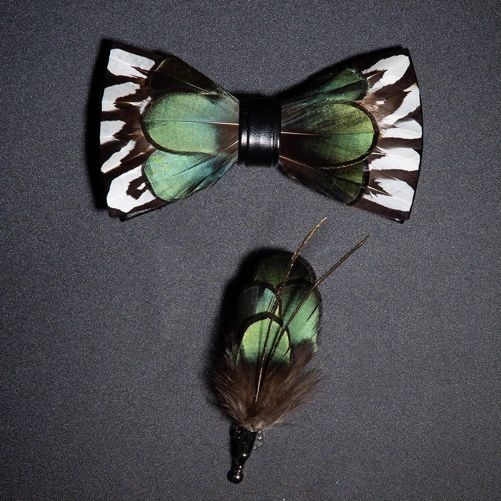 Men's Bow Tie & Pin Set Handmade Natural Feather Gift Box