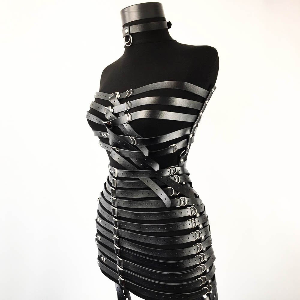 Gothic Faux Leather Long Black Strapped Corset Skirt
