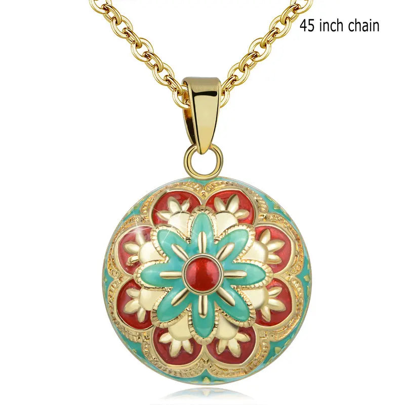 Flower Bell  Enamel Harmony Sound Ball Mexican Bola Pendant Necklace