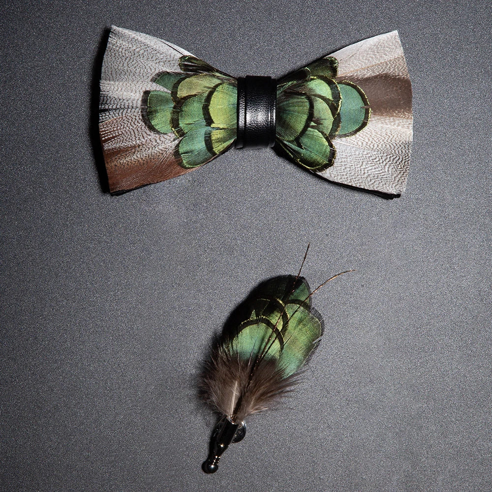 Men's Bow Tie & Pin Set Handmade Natural Feather Gift Box