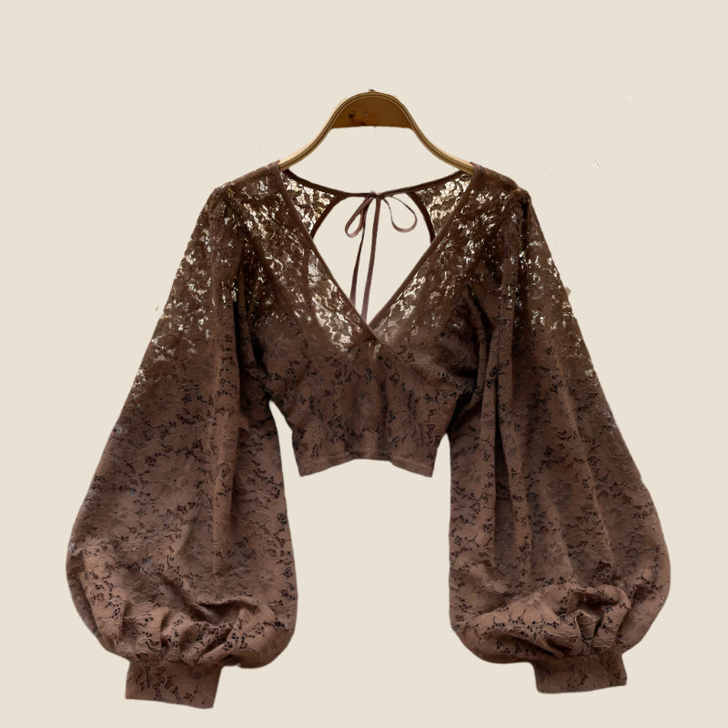 Lace Crop Top Black/White/Brown Long Lantern Sleeve