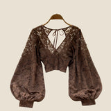 Lace Crop Top Black/White/Brown Long Lantern Sleeve