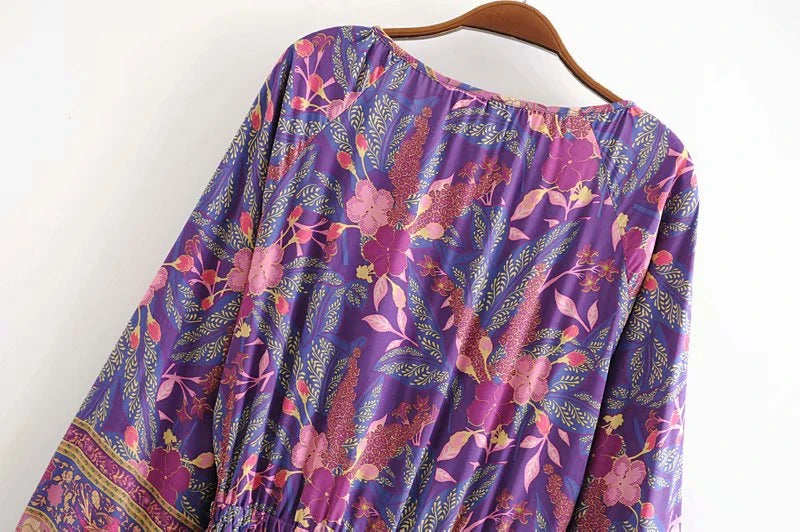 Elhiza's Purple Boho Mini Dress Lantern Sleeve