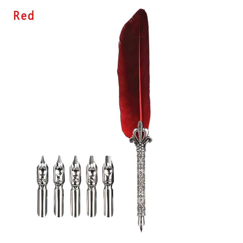 Feather Calligraphy Dip Pen Writing Set with 5 Nibs