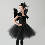 Black Swan Tulle Tutu Dress with Feather Wings and Hair Clip Halloween Costume