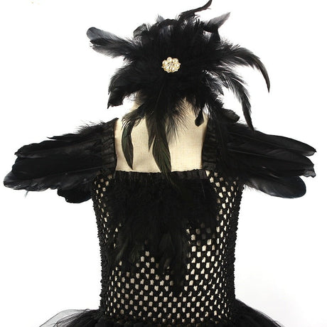 Black Swan Tulle Tutu Dress with Feather Wings and Hair Clip Halloween Costume