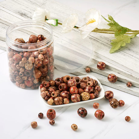300Pcs Boho Printed Wood Beads Large Hole DIY Jewellery Making