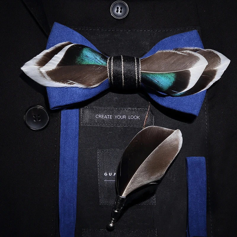Men's Bow Tie & Pin Set Handmade Natural Feather Gift Box