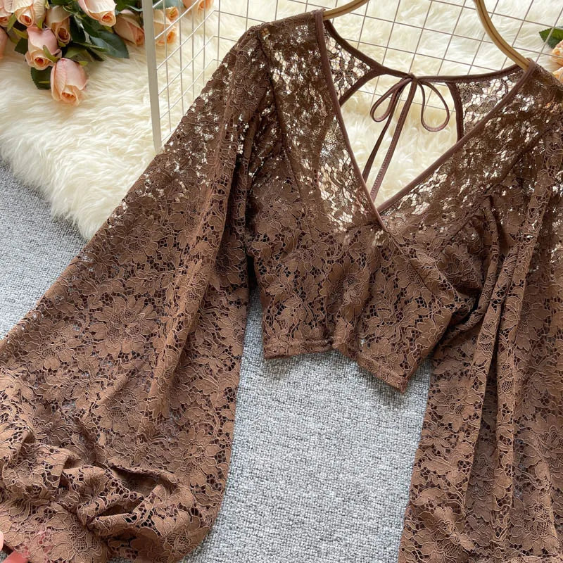 Lace Crop Top Black/White/Brown Long Lantern Sleeve