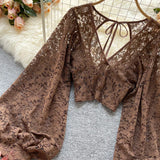 Lace Crop Top Black/White/Brown Long Lantern Sleeve
