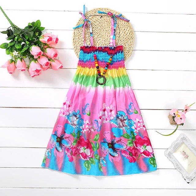 Summer Boho Girls Beach Dress 2 - 12 Years With Necklace Gift