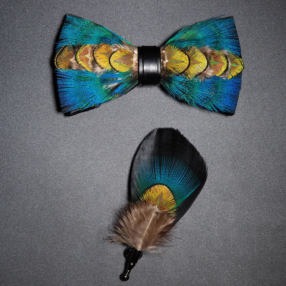 Men's Bow Tie & Pin Set Handmade Natural Feather Gift Box