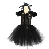 Black Swan Tulle Tutu Dress with Feather Wings and Hair Clip Halloween Costume