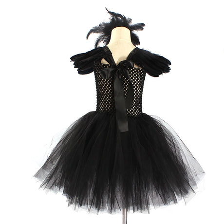Black Swan Tulle Tutu Dress with Feather Wings and Hair Clip Halloween Costume