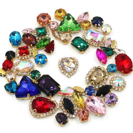 50pcs/Bag Shiny Mixed Shape Sew On Glass Rhinestone Gold Claw Crystal Buckle DIY Decoration 24 Colours