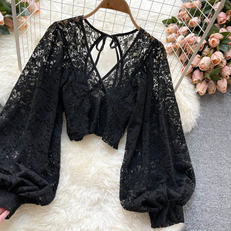 Lace Crop Top Black/White/Brown Long Lantern Sleeve