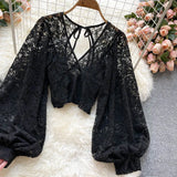 Lace Crop Top Black/White/Brown Long Lantern Sleeve