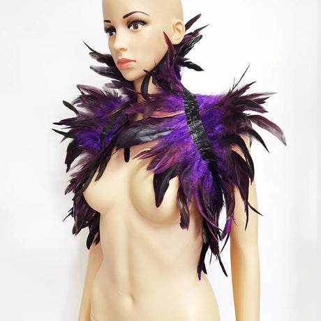 Black Rooster Feather Shrug Gothic Collar with Ribbon Ties