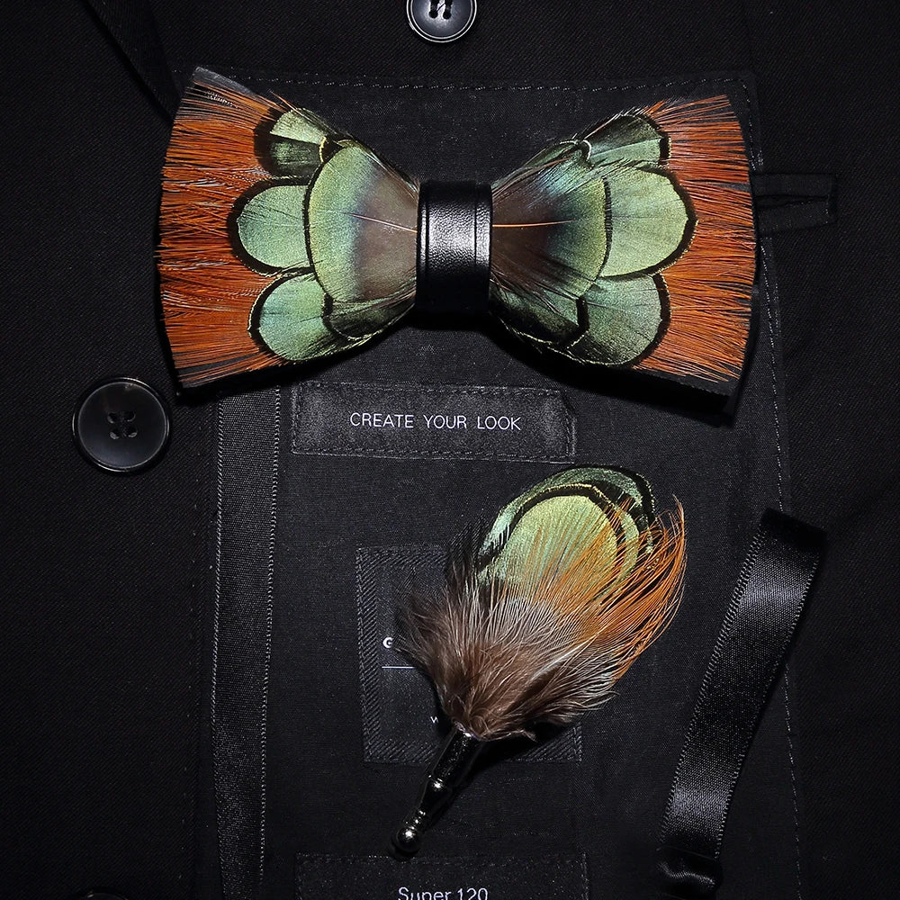 Men's Bow Tie & Pin Set Handmade Natural Feather Gift Box