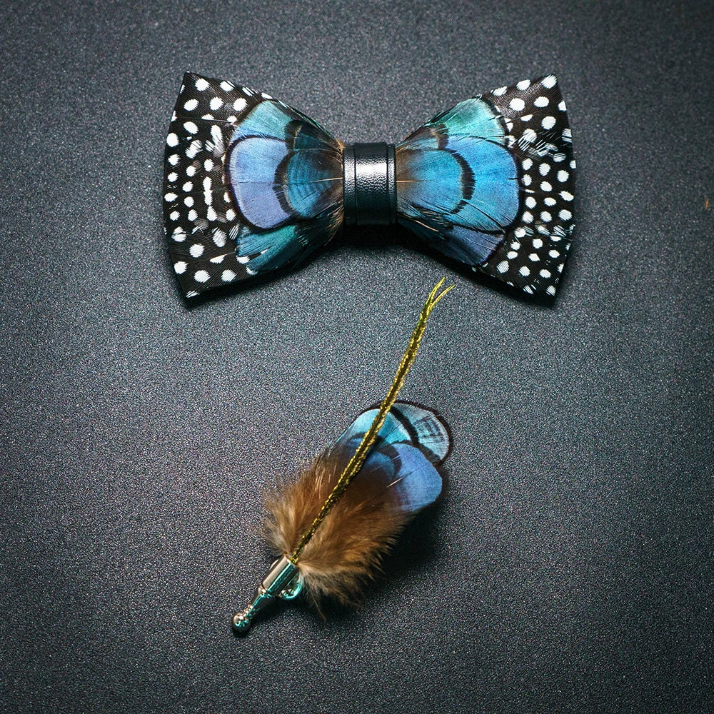 Men's Bow Tie & Pin Set Handmade Natural Feather Gift Box