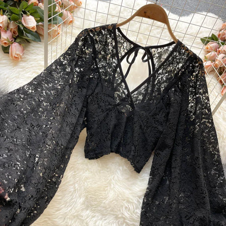 Lace Crop Top Black/White/Brown Long Lantern Sleeve