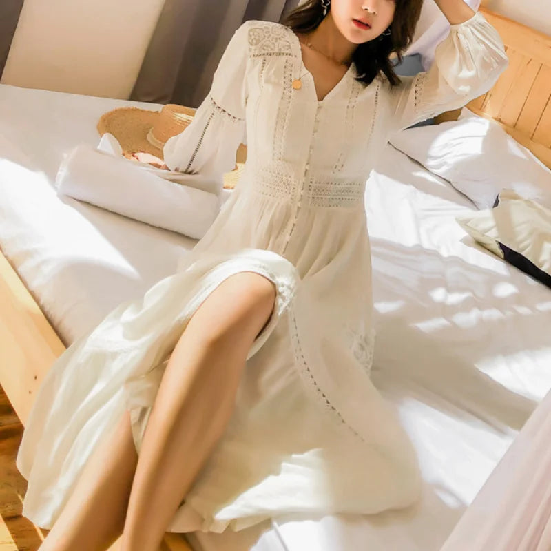 Dove's White Boho Lantern Sleeve Cotton Lace Dress