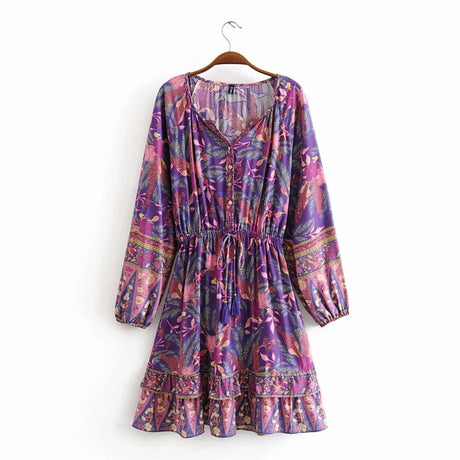 Elhiza's Purple Boho Mini Dress Lantern Sleeve