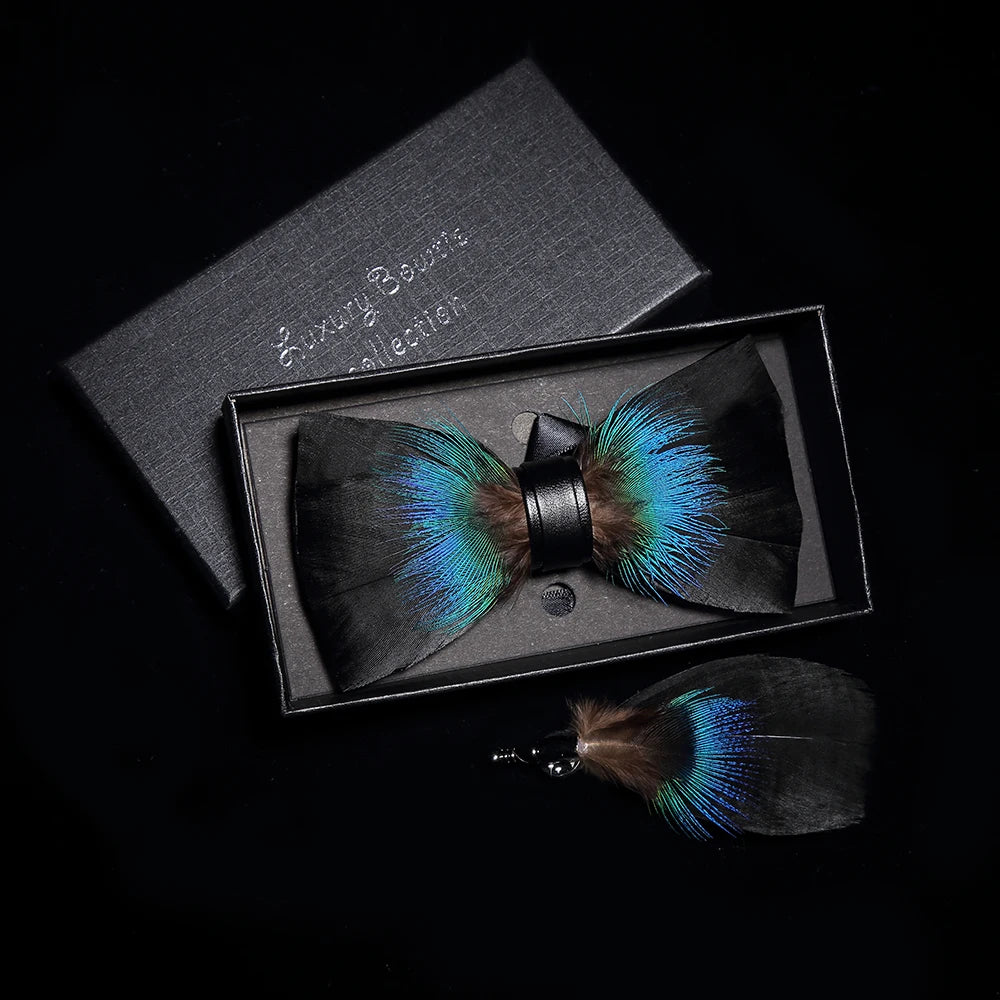 Men's Bow Tie & Pin Set Handmade Natural Feather Gift Box