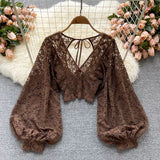 Lace Crop Top Black/White/Brown Long Lantern Sleeve