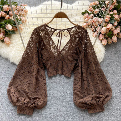 Lace Crop Top Black/White/Brown Long Lantern Sleeve