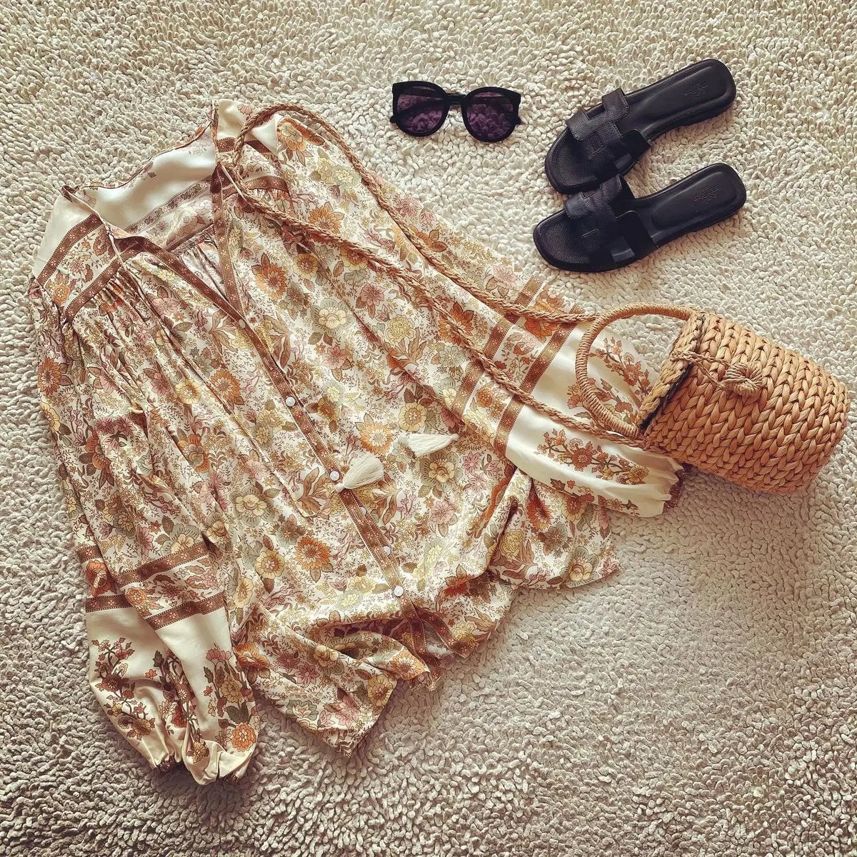 Saffy's Boho Blouse Floral Print Buttons Down Top