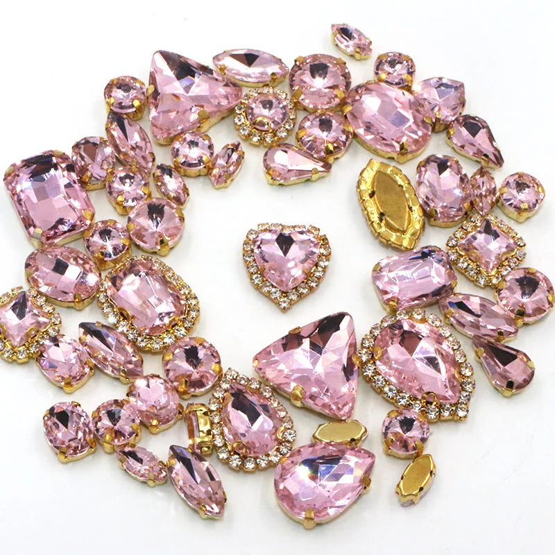 50pcs/Bag Shiny Mixed Shape Sew On Glass Rhinestone Gold Claw Crystal Buckle DIY Decoration 24 Colours