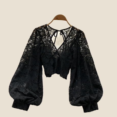 Lace Crop Top Black/White/Brown Long Lantern Sleeve