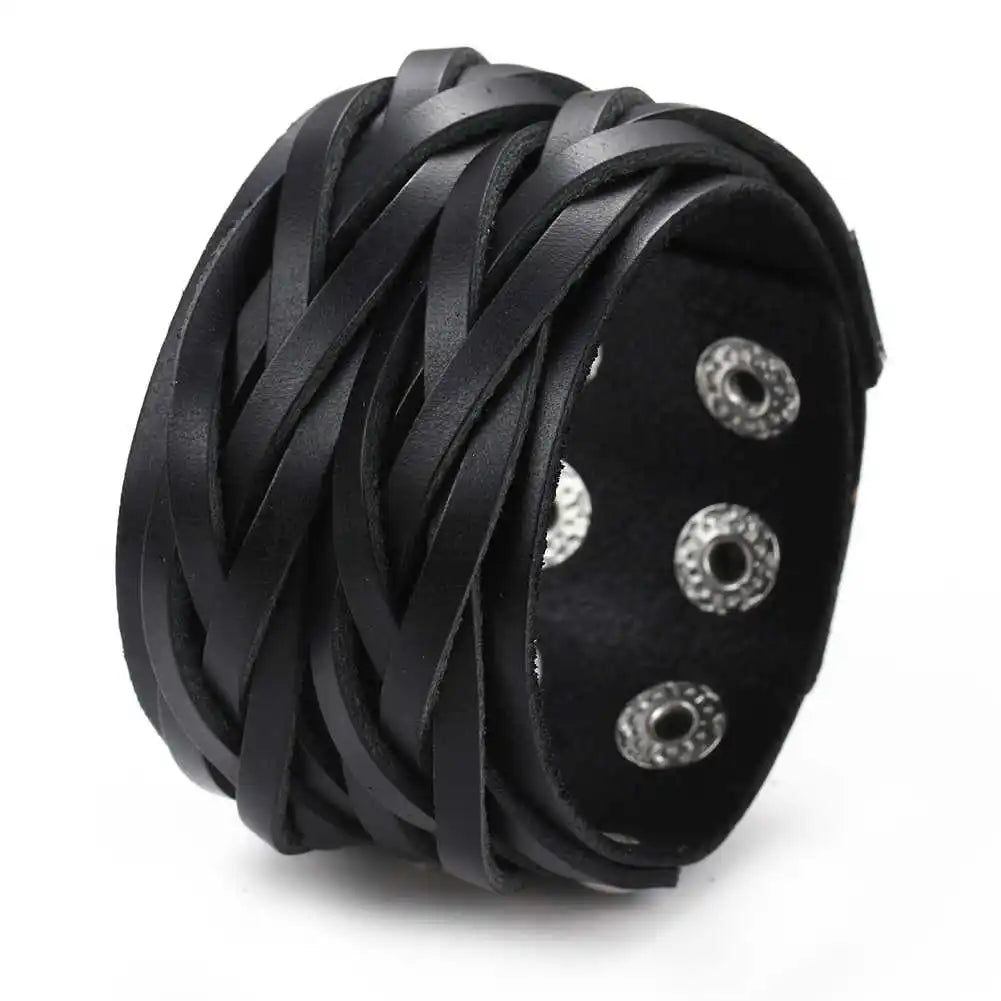 Braided Handmade Genuine Leather Bracelet Wide Wrist Cuff